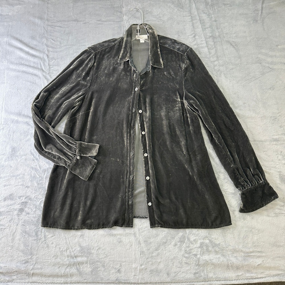 J. Jill Charcoal Grey Silk Blend Velvet Button Down Shirt Womens Small LS
